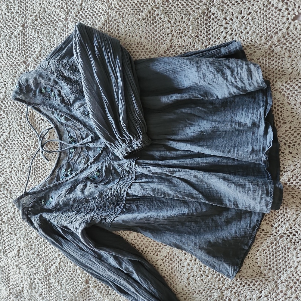 Free People Gray Embroidered Blouse
